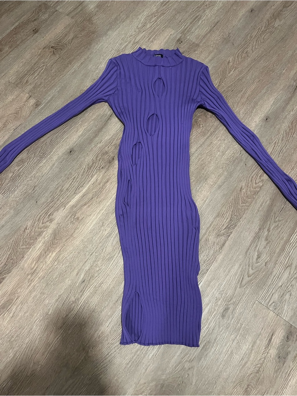 Boohoo Purple Ribbed Cutout Long Sleeve Midi Dress